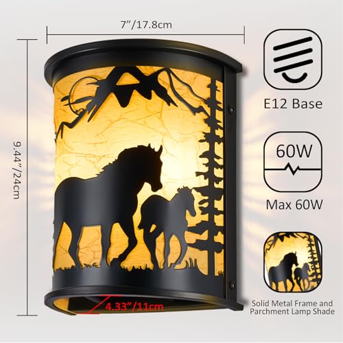 Image of Rustic Horse Wall Sconces, 2-Light E12 Farmhouse Black Metal Lamp | Rustic farmhouse style, Horse lamp,Modern Black Lighting for Bedroom, Living Room, Hallway, Stairway, Porch, Cabin