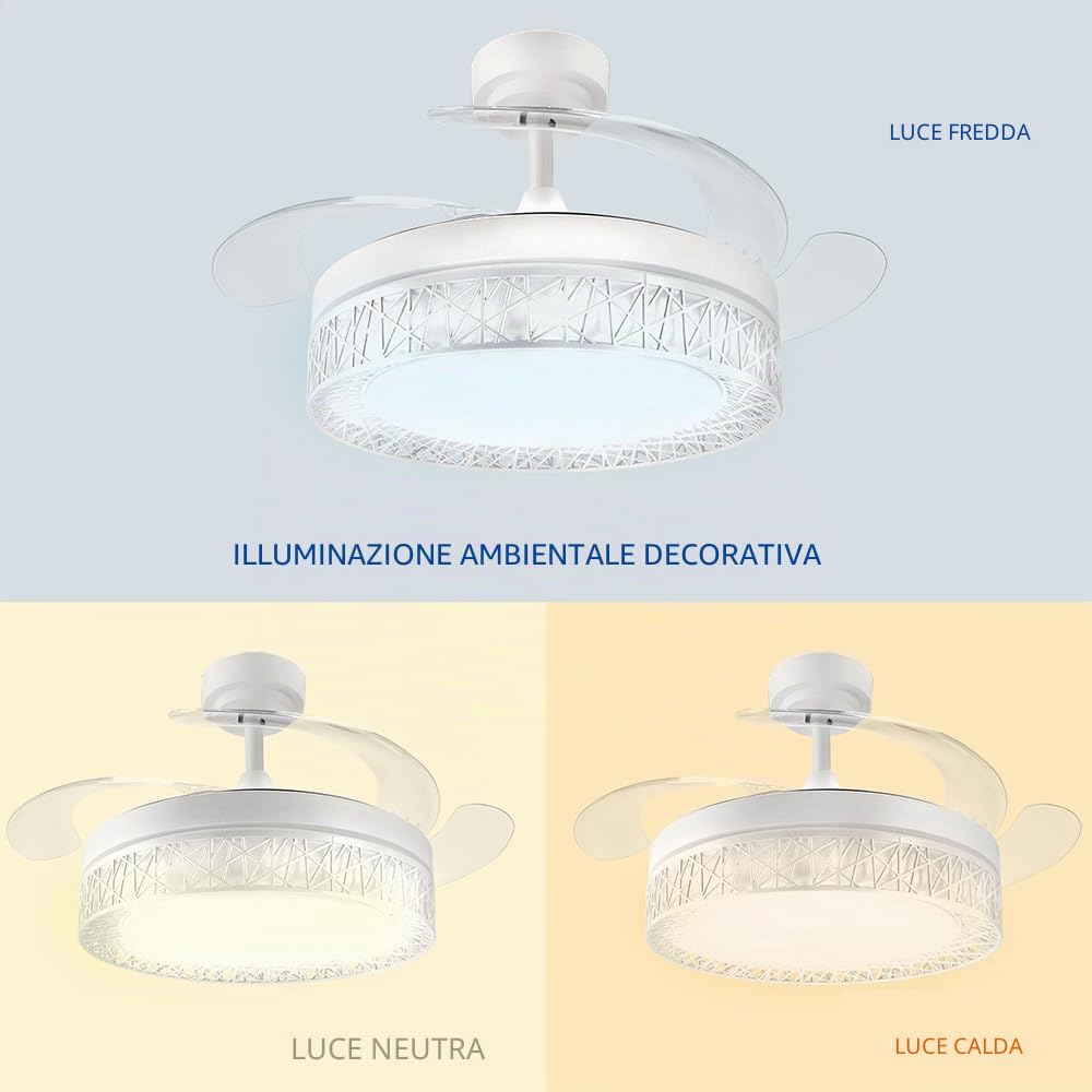 M mimotec - Ventilatore a Soffitto Led Bianco Aqua 66W con luce, telecomando, basso consumo energetico, motore DC 30W+Luce LED 36W, 6 velocità, silenzioso, 4 Pale sganciabili, estate-inverno, timer