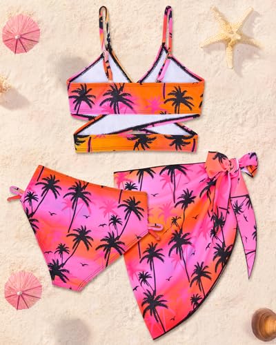 Image of PASHOP Girls' Swimsuit Set - Pink Palm Tree Bikini with Cover Up Skirt - Modern High Rise Hipster Bralette - Regular Fit - Machine Wash - Girls, Children, Young Adults