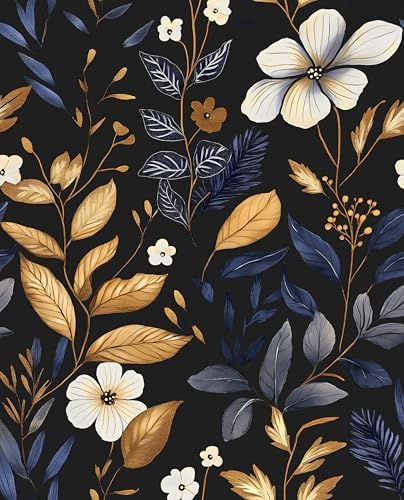 Blue/Gold Leaf Wallpaper Peel and Stick Vintage Dark Floral Wallp...