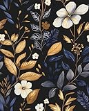Laatse Blue/Gold Leaf Wallpaper Peel and Stick Vintage Dark Floral Wallpaper Waterproof Self Adhesive Removable Boho Wall Paper Modern for Bedroom Walls Drawer Cabinet 17.5in x118in