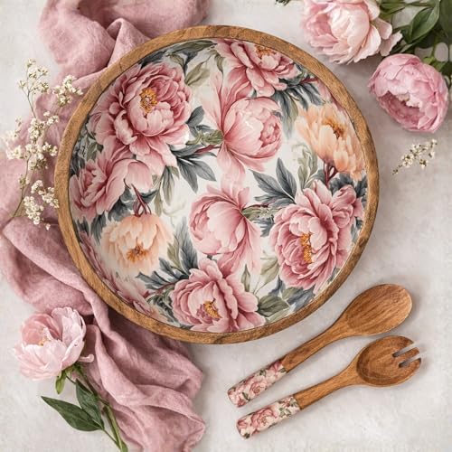 Ensemble saladier et couverts à salade avec motif roses - En bois pour salade et fruits