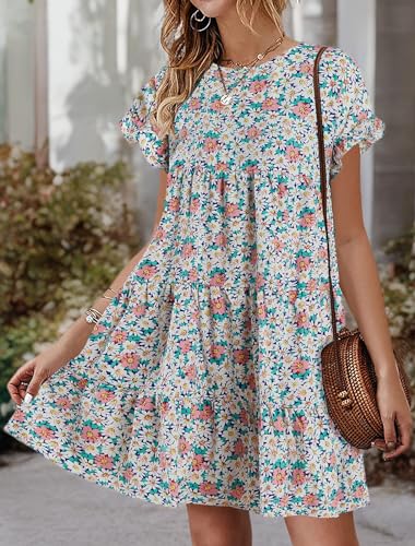 Image of Imysty Womens Boho Floral Ruffle Sleeve Babydoll Loose Flowy Casual Summer Pleated Mini Dress