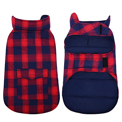 Kuoser Canvas Cold Weather Dog Coat for Winter, Reflective Dog Warm Fleece Jacket Water Repellent Windproof Dog Vest for Small Medium Large Dogs with Zipper Leash Hole Red Plaid L
