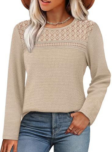 WIHOLL Womens Lace Long Sleeve Shirts Fall Tops Fashion Dressy Casual Lightweight Sweaters Mesh Clothes Trendy Waffle Knit2