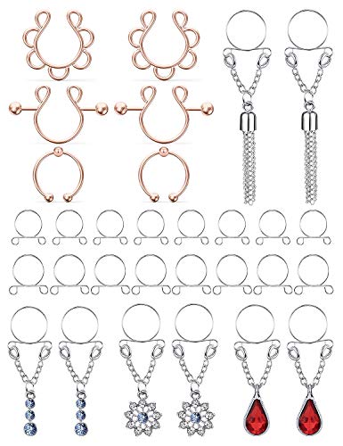 Kadogohno Dangle Fake Nipple Rings Fake Nipplerings Piercings Adjustable Stainless Steel Non-Piercing Nipple Rings Clamps Pendant Clip On Nipplerings Faux Nipple Piercing Jewelry for Women Men 7Pairs