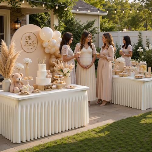 Image of Outpain Beige Spandex Table Clothes for 6 Foot Rectangle Tables-2Pack 6FT Spandex Fitted Table Cover, Wrinkle Free Tablecloths with Skirt for Parties, Wedding, Birthday, Banquet, Festival