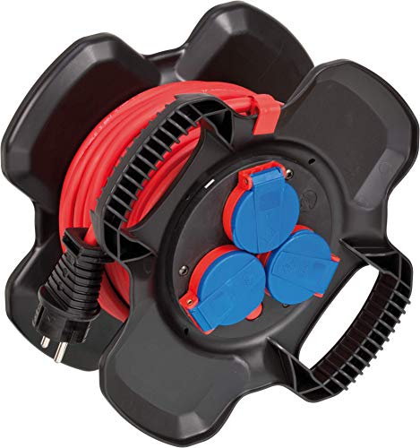 Brennenstuhl enrollacables X-Gum con 3 tomas de corriente, alargador enrollable de cable 10 m (uso en exteriores, irrompible, Made in Germany)