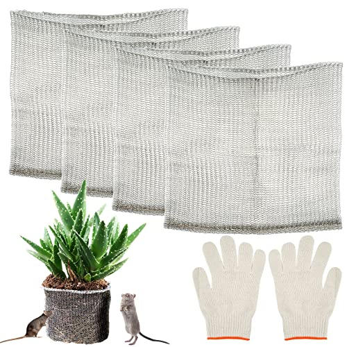 Wurzelschutz aus Edelstahl 4 Stück Wühlmauskorb mit Handschuhe Wurzelschutz Netzbeutel Drahtkörbe Pflanzenwurzelschutz - für Pflanzen Gemüse Beeren (35 x 35 cm)