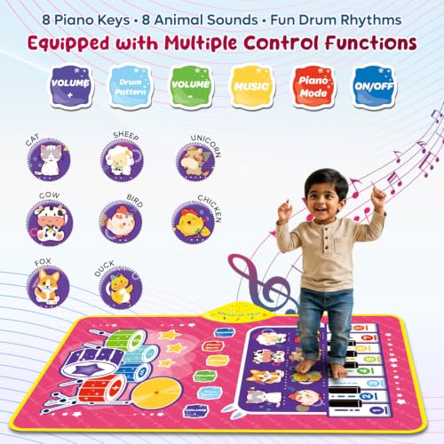 Image of 3-in-1 (Cat & Unicorn) Piano Mat for Toddlers, Piano & Drum Mat with 2 Sticks, Featuring Animal, Piano Sounds, Educational Toy for 12 Months+,Ideal for 1-3 Year Toddler - Pink