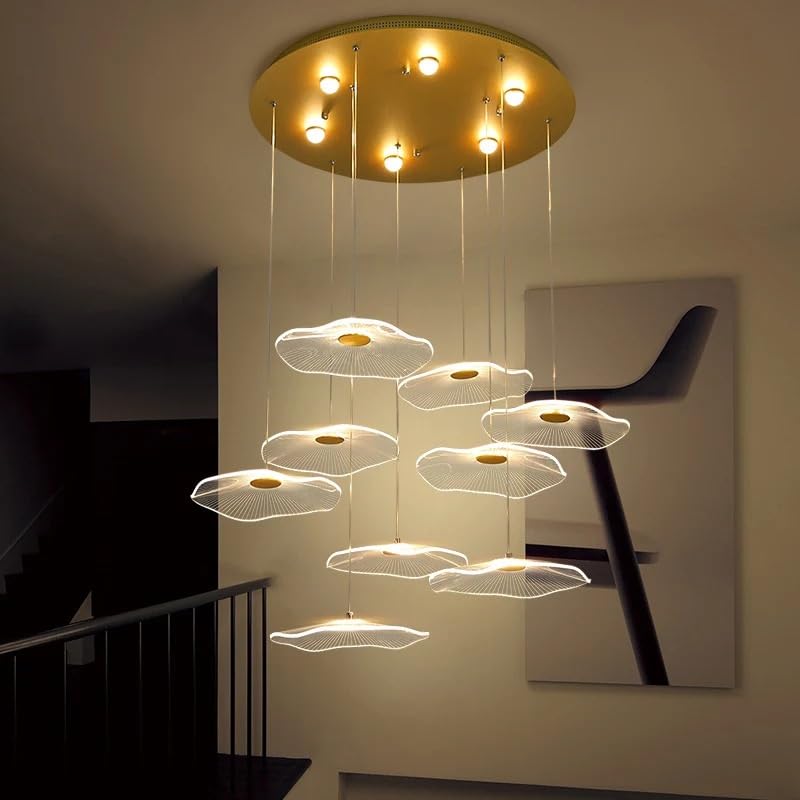 Générique Lustre, Lustre Led moderne doré design salon salle à manger escalier éclairage domestique minimalisme pendentif feuille de Lotus lustre(9 lights,Warm light)