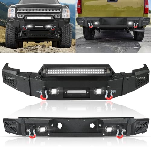 Peforway Off Road Front Rear Bumper Set fit for Chevy Silverado 1500 2007-2013 Full Width Bumper Combo w-Winch Plate D-Rings w-Bull Bar w-LED Lights Bumper w-Parking Sensor Holes