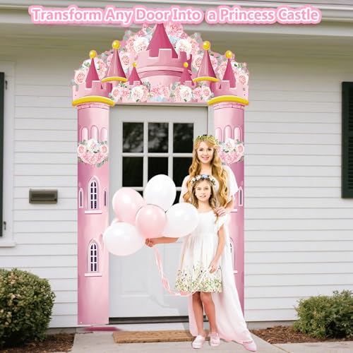 Image of Princess Castle Door Banner - 3PCS Pink Castle Backdrop with Floral Towers, Hanging Princess Photo Booth Backdrop for Girls Birthday Party Baby Shower Decorations