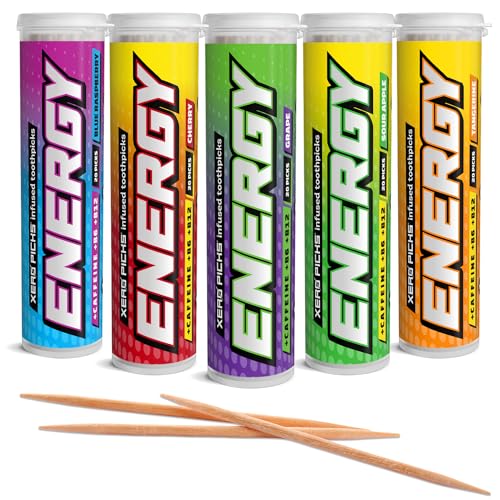xero picks energy infused flavored toothpicks with caffeine b12 and b6 variety pack 20 count pack of 5 non-gmo kosher vegan