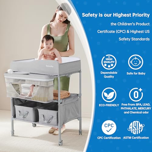Image of Sweeby Portable Baby Changing Table, Foldable Changing Table Dresser Changing Station for Infant, Waterproof Diaper Changing Table Pad Topper, Mobile Nursery Organizer for Newborn Essentials,LightGrey