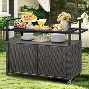 YITAHOME Large Outdoor Kitchen Wicker Island Rolling Cart &Bar Table, Wheels and Black Glass Table Top for Patio, Poolside and Backyard (Dark Brown) YITAHOME Large Outdoor Kitchen Wicker Island Rolling Cart Bar Table Wheels and Black Glass Table Top for Patio Poolside and Backyard Dark Brown