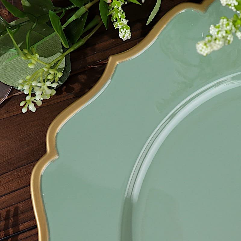 Balsa Circle 6 Metallic 13 in Dusty Sage Round Acrylic Charger Plates | 13-Inch Scalloped Trim Serving Dinnerware Set for Dinner Wedding Party Reception Catering Decorations