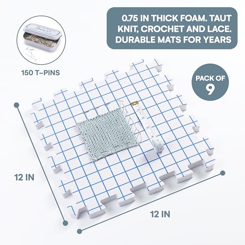 Image of Blocking Mats for Knitting and Crochet Projects - Extra Thick Blocking Boards for Crochet Projects - Block Mats for Knitting with Grids, 150 T-Pins and Storage Bag - Pack of 9