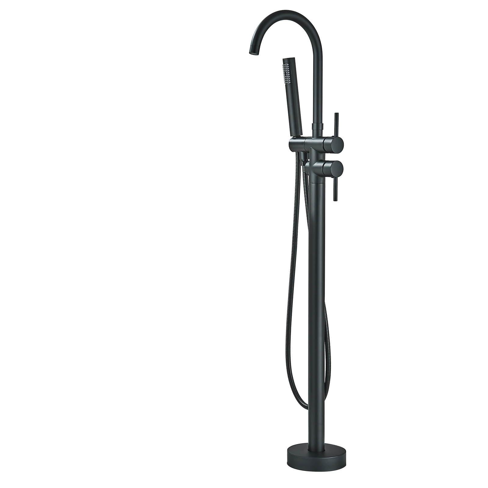 YAGATAP Freestanding Bathtub Faucet Floor Mount Tub Filler Matte Black High Flow Shower Faucets with Handheld Shower Mixer Taps Swivel Spout