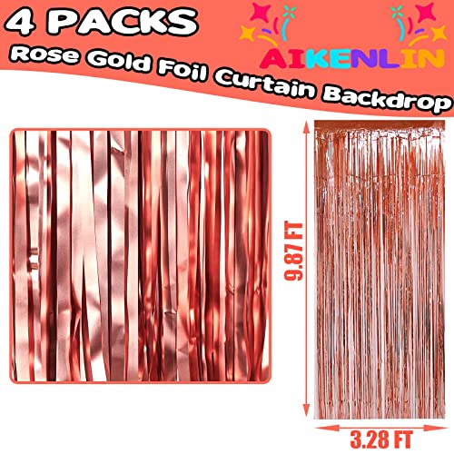 Image of 4 Pack 3.2Ft x 9.8Ft Rose Gold Foil Fringe Curtain Backdrop, Metallic Tinsel Foil Fringe Streamers Curtains for Party, Photo Booth Props, Birthday, Wedding, Christmas Party Decoration Supplies