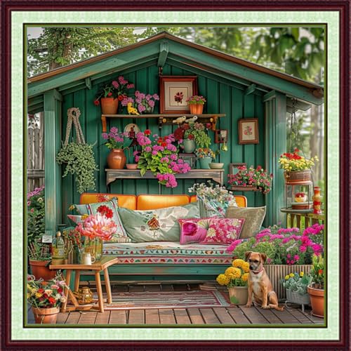 Image of Foxhool Stamped Cross Stitch Kits,11CT Printed Cross Stitch Pattern Full Embroidery Kits for Beginner Needlepoint Kits-Garden Scenery 18x18 inch