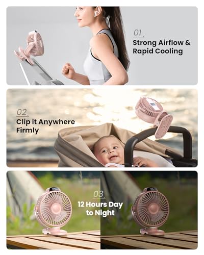 Image of Koonie Portable Clip On Fan, Small USB Battery Operated, 3 Speed Rechargeable Mini Pink With LED Display, 360 Rotate Personal Cooling for Desk Stroller Travel Camping Golf Gym
