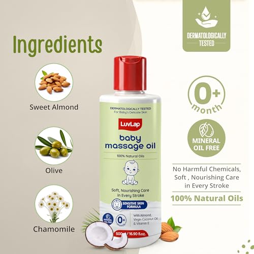 Image of LuvLap Baby Massage Oil with Almond, Virgin Coconut Oil & Vitamin E, Deep Nourishing, Skin Repair & Relaxation, Ayurvedic Non-Sticky Oil for Soft New Born Skin, 100% Natural, Derma Safe, 500ml