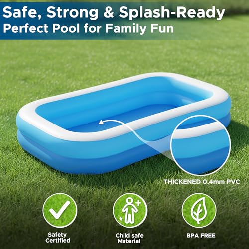 Image of NHR Inflatable Swimming Pool for Kids & Adults with Electric Air Pump (6.7 FT / 201x150x51 cm), 450L Capacity Thick PVC Rectangular Family Water Pool for Backyard Outdoor Garden, Blue & White