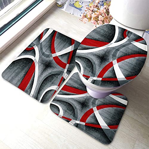 Badezimmerteppich-Set, 3-teilig, grau, schwarz, rot, weiße Wirbel, waschbare Badeteppiche, rutschfest, mit Rückenpolster, Konturteppich und Toilettendeckelbezug
