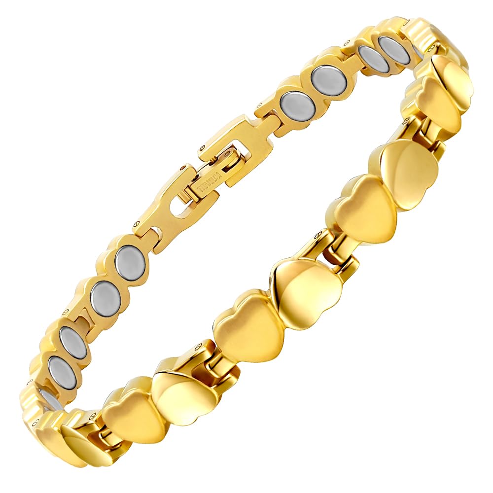 JEROOT Hämatit Armband, Titan Goldfarbenes Damenarmband, Ultraleichtes Herz-Hämatit-Armband, Magnetisches Damenarmband mit Größenanpassungswerkzeug Gold