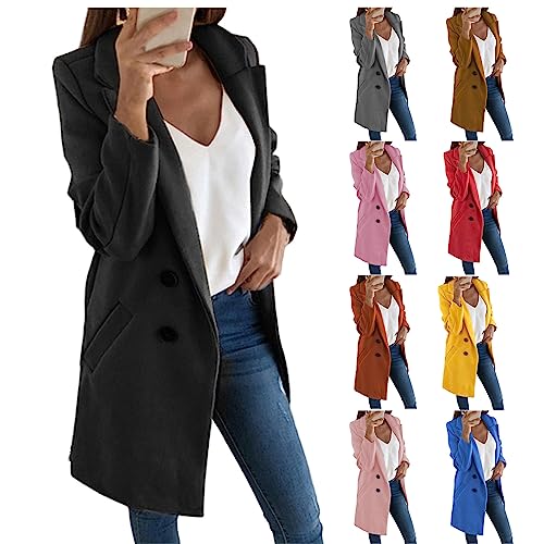 Womens Casual Wool Coat Notch Lapel Double Breasted Peacoat Winter Tartan Trench Coat with Pockets3