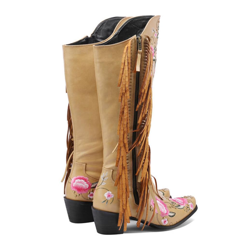 Stivali Western Donna al Ginocchio in Pelle con Ricamo Floreale E Frange Laterali Eleganti per Feste Festival Country