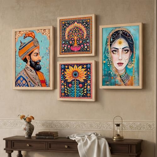 Image of NoWorries Traditional Indian Folk Art Wall Painting Frame Set of 4 | Decorative Wooden Wall Art Frames | Ethnic Home Decor Artwork for Living Room Bedroom Office Hallway