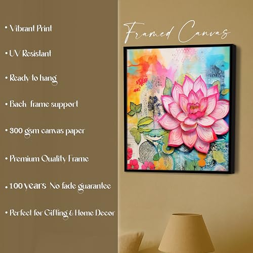 Image of PAINTINGMANTRA Multicolor Abstract Stretched Canvas Framed Painting Wall Art for Living Room Bedroom Office Cafe Pink Blue Green Lotus Abstract Framed Canvas Wall Decor Painting with Frame (58x58 cm)