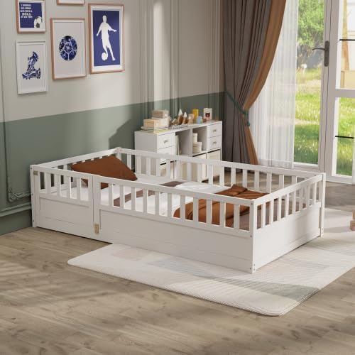 Twin Size Floor Bed, Integral Construction with Super High Security Barrier, Door, Children's Floor Bed Frame, Montessori Wooden Children's Floor Bed, White