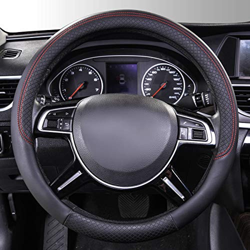 Car Pass Rhombus Leather Universal Steering Wheel Cover, Fit For Suvs,Trucks,Cars,Sedans,Vans (Black&Red Stitch) #TOP1