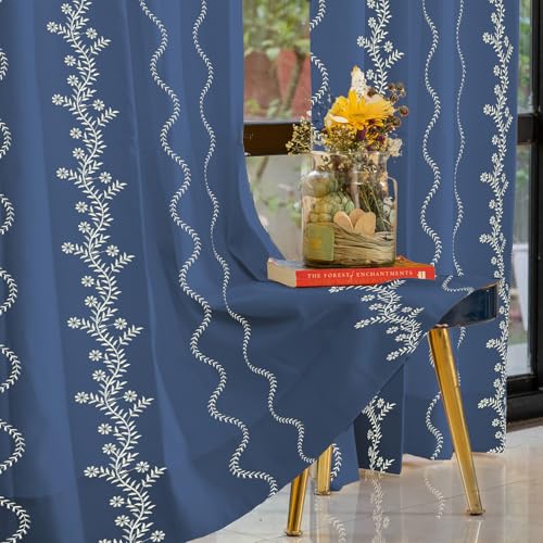 Urban Space Embroidery Curtains for Door, 100% Cotton 8 Feet Pack of 1 Curtain, Tieback & Eyelets with Curtain, 60-65% Room Darkening Curtain (Solara Indigo, Door 8 Feet)