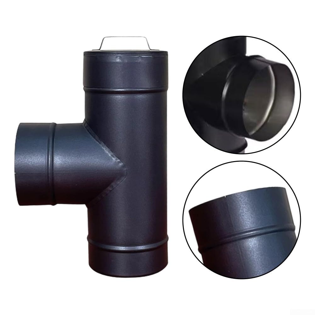 Tubo de estufa en T para chimenea de leña, construcción de acero, resistente a altas temperaturas, tapa de limpieza de 150 mm de diámetro, color negro, compatible con tubos de chimenea