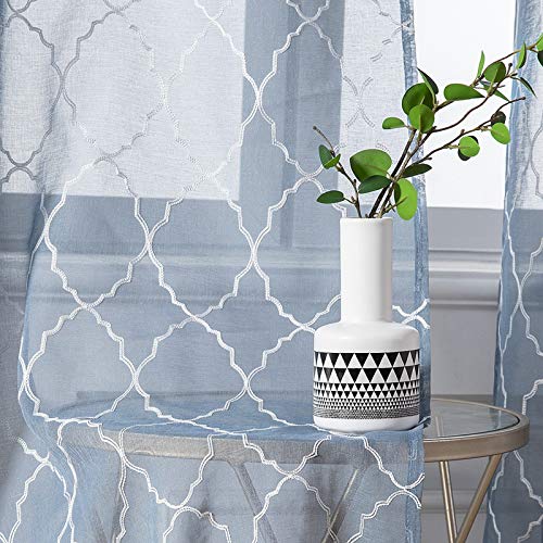MIULEE 2 Unidades Cortinas Bordado Translucida para Dormitorio Moderno Ventana Visillos Rayas Morruecos 8 Anillas Dedoración para Salón Cuarto Comedor Sala Habitación 140x245cm Geometría Azúl