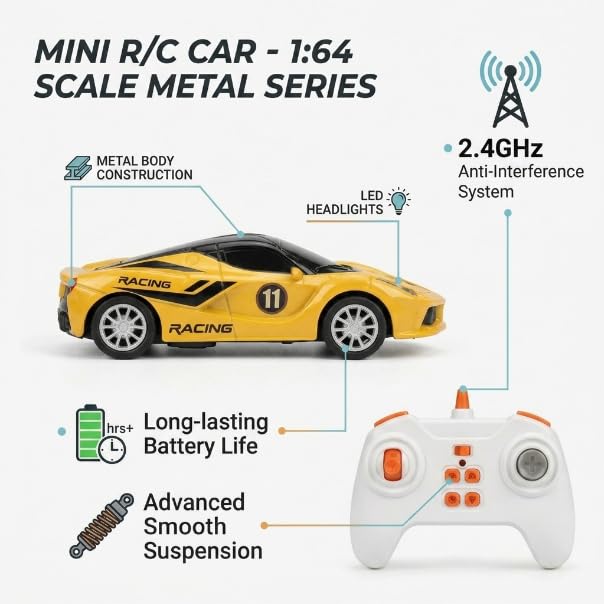 Image of Mini RC Car 1:64 Scale Remote Control Car for Kids, App Controlled Electric Racing Toy with LED Lights, Rechargeable Battery, 2.4GHz Control System, Birthday Gift for Boys & Girls (Yellow)