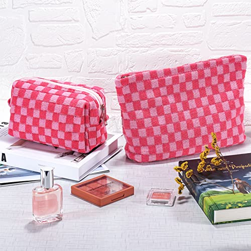 ZLFSRQ 2Pcs Makeup Bag Checkered Cosmetic Bag Set Travel Toiletry Bags for Purse Large Small Makeup Pouch for Women Cute Preppy Pencil Pouch Case Pink Zipper Skincare Bags - Image 8