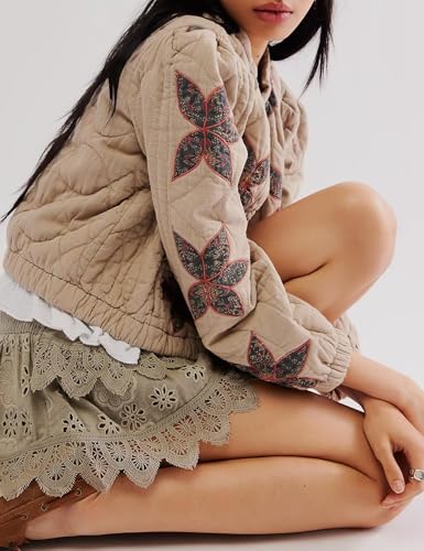 TUREAU Women’s Cropped Quilted Jacket: Khaki Floral Embroidered Puffer with Pockets – Your New Go-To for Style and Comfort! - Image 3