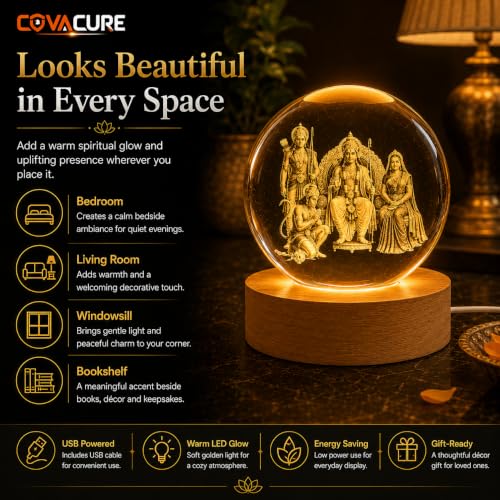 Image of COVACURE 3D Ram Darbar Idol Crystal Ball Night Lamp, 2.4 Inch Ram Darbar with Ram, Laxman, Sita and Hanuman Murti Idol Statue Crystal Ball Night Light for Home & Office Desk Decor, Spiritual Showpiece