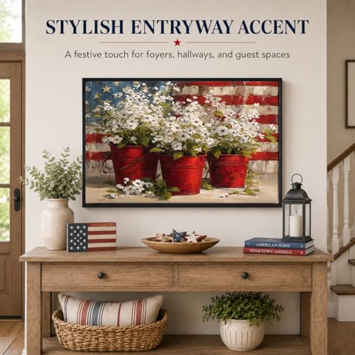 Image of American Flag Framed Canvas Wall Art, 4th of July Floral Canvas Prints, Wildflower Landscape Patriotic Decorations, Vintage Rustic Independence Day Wall Decor for Bedroom Living Room Office 20x24