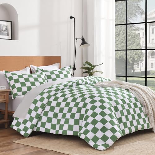 Image of Andency Green Checkered Comforter Full(79x90Inch), Plaid Gingham Buffalo Grid Bedding Comforter Sets for Boys Kids Teens, 3 Pieces Lightweight Polyester Geometric Preppy Bed Set