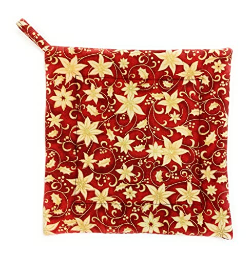 Cream Poinsettias on Red Christmas Holiday Square Pot Holder 8.5 inches x 8.5 inches