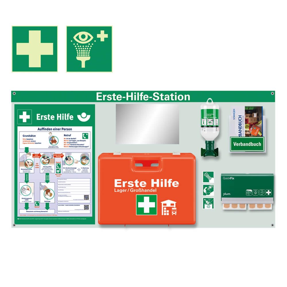 Erste-Hilfe-Station Classic Großhandel/Lager, ASR A4.3/DIN 13157, 116 x 60 cm, Art.-Nr. 611686 | Pflasterspender | Augenspülflasche | Verbandkoffer