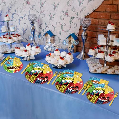 Image of gisgfim 96 Pcs Super Theme Hero Party Plates and Napkins Party Supplies Hero Themed Party Tableware Set Hero Action Disposable Decorations Favors for Birthday Baby Shower for 24 Guests