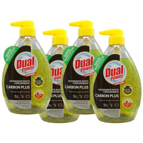 Detergente Piatti Concentrato, CARBON PLUS, Ideale Per Stoviglie Incrostate. Con Carbone Attivo e Succo Di Limone. Elevato Potere Sgrassante. Senza Microplastiche 600ml (4 Unità)