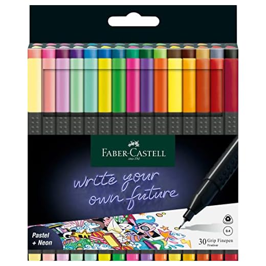 Faber-Castell 151630 Box mit 30 Grip Finelinern, 0,4mm Fineliner Stifte mit ergonomischem Griff, Zeichnungs- und Faserstifte mit feiner Spitze für Erwachsene, Lebendige farbige Kunststifte